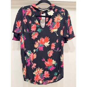 MAEVE Anthropologie Black Bella Floral Choker Flutter Sleeve Top Small / Med EUC